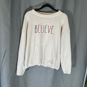 Rae Dunn Cream Sweater with 'Believe' Embroidery